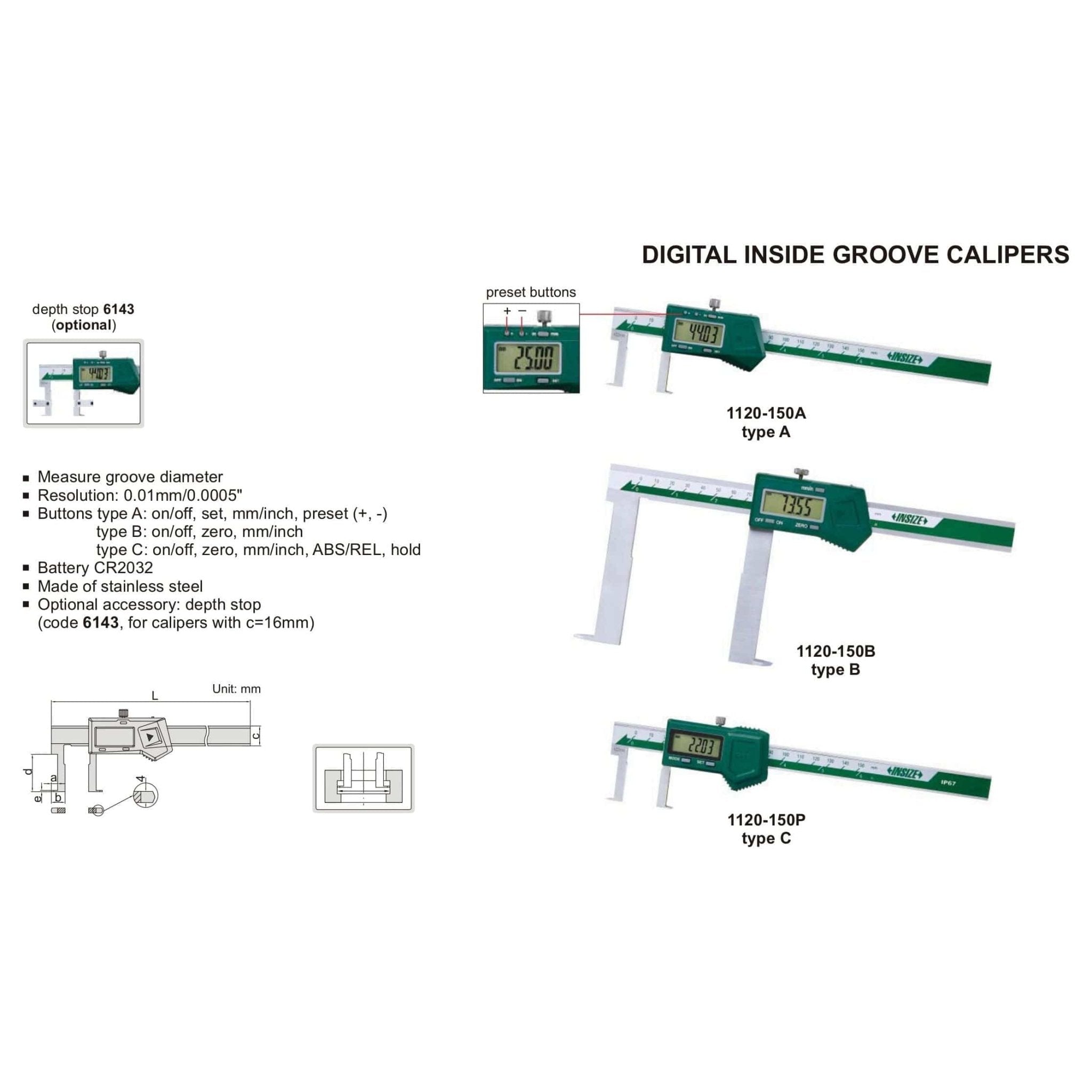 Insize Digital Inside Groove Caliper 25-200mm Range Series 1120-200A - Twin Eagle Imports