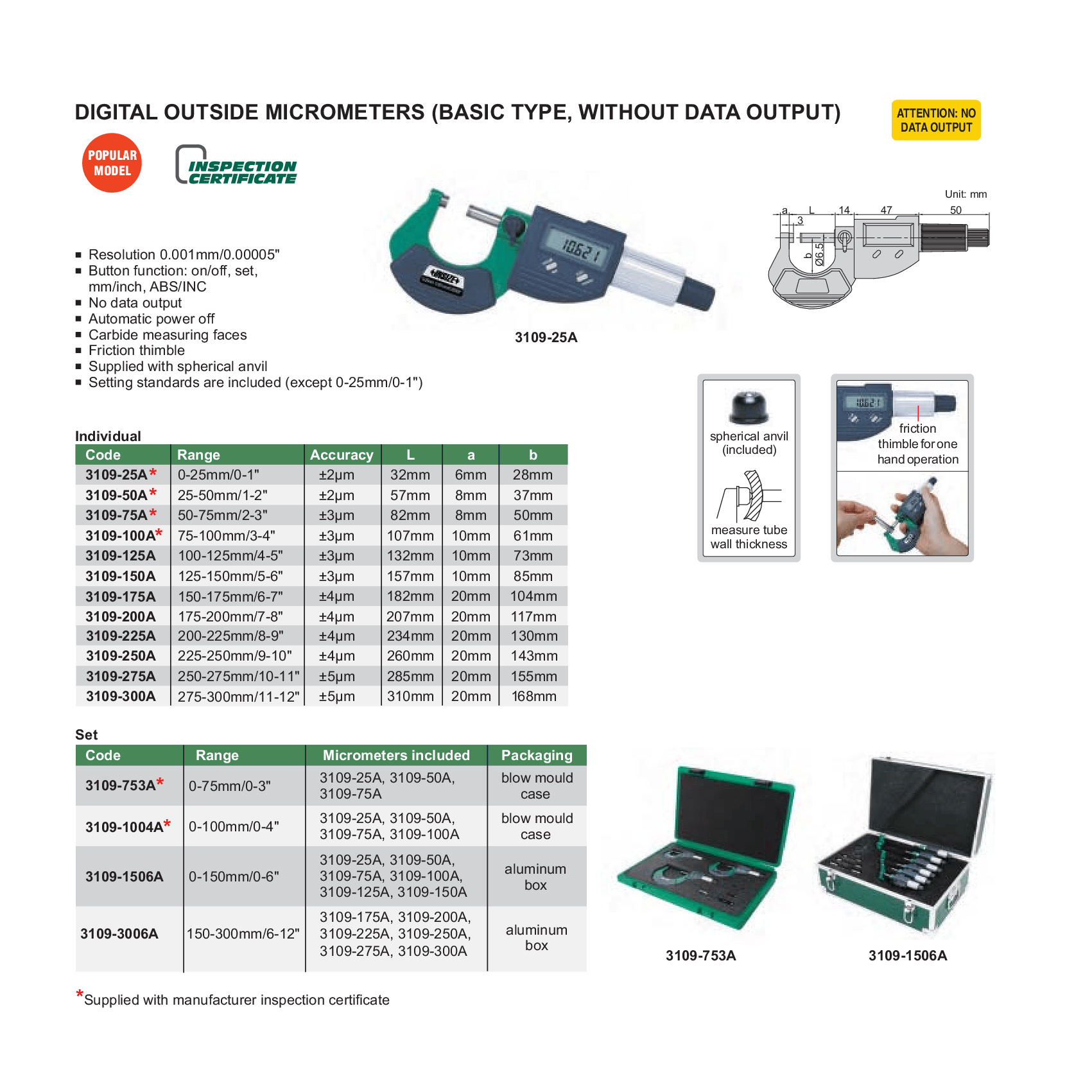 Insize Digital Outside Micrometer 250–275 mm Range Series 3109-275A - Twin Eagle Imports