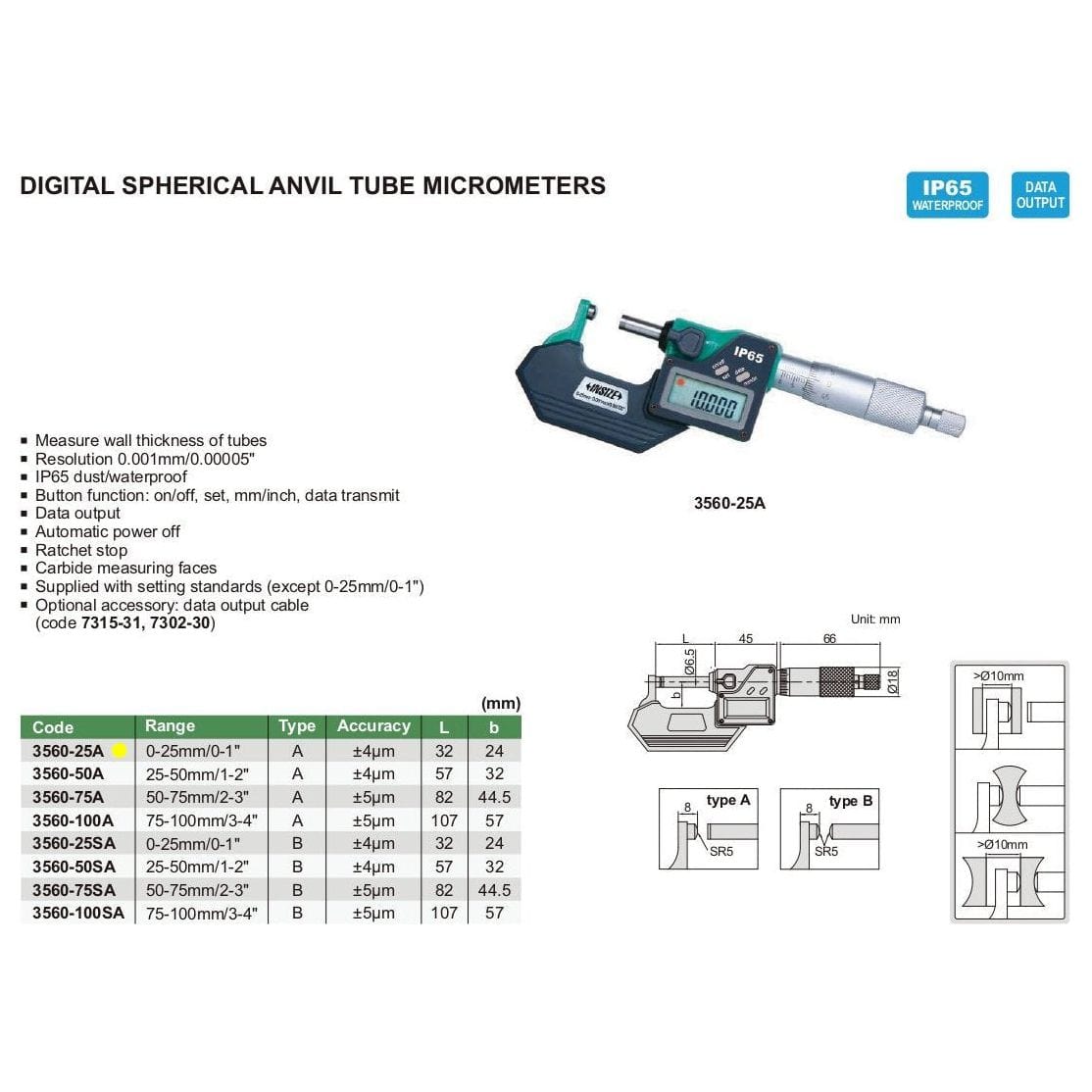Insize Digital Spherical Anvil Tube Micrometer 0-25mm/0-1" Range Series 3560-25A - Twin Eagle Imports