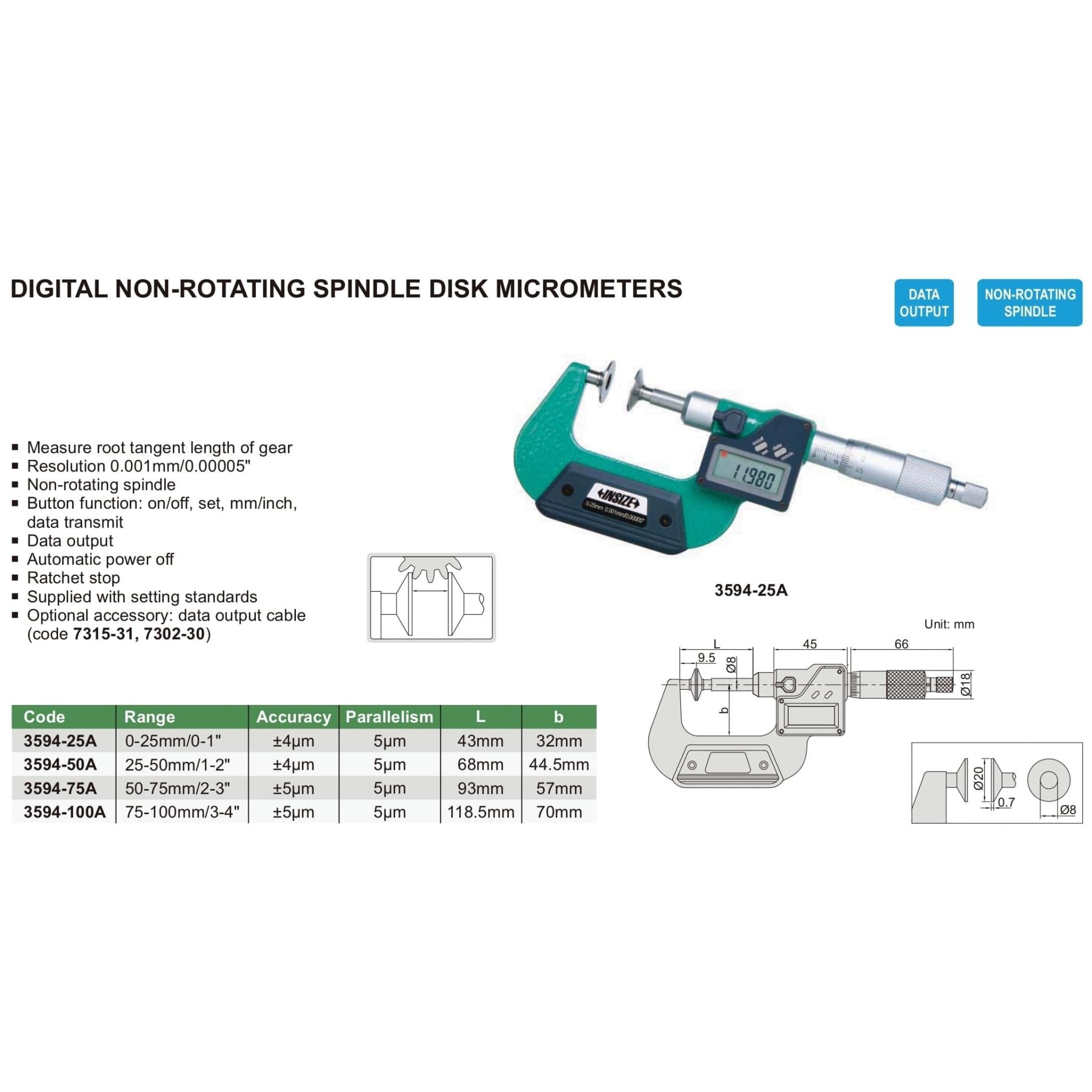 Insize Digital Spindle Disc Micrometer 0-25mm Range Series 3594-25A - Twin Eagle Imports