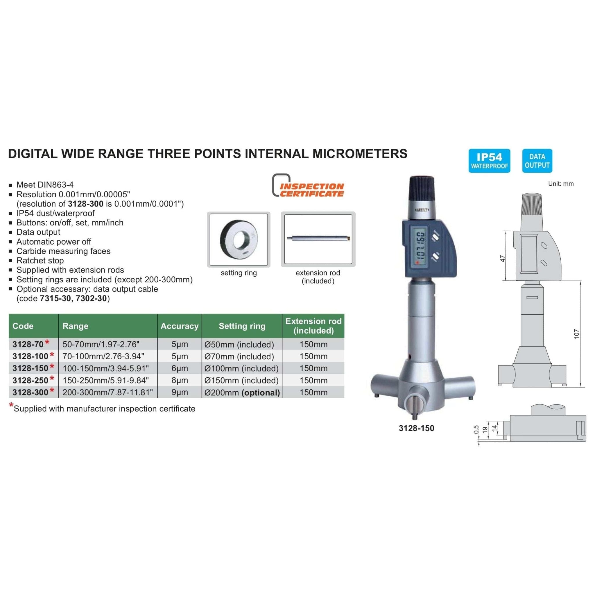 Insize Digital Three Points Micrometer Set 50-70mm/ 1.97-2.76" Range Series 3128-70 - Twin Eagle Imports