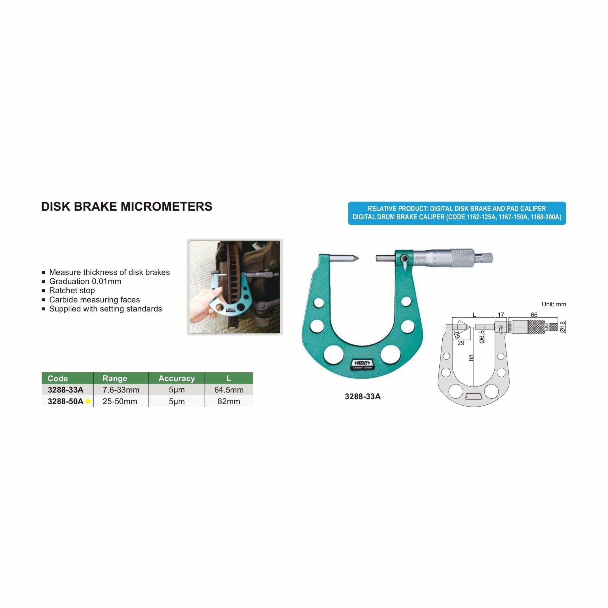 Insize Disc Brake Micrometer 25-50mm Range Series 3288-50A - Twin Eagle Imports