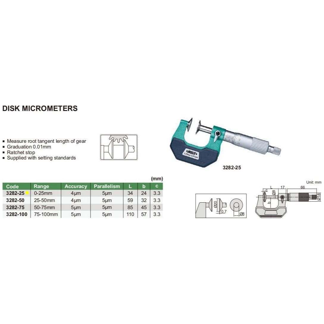 Insize Disc Micrometer 0-25mm Range Series 3282-25 - Twin Eagle Imports