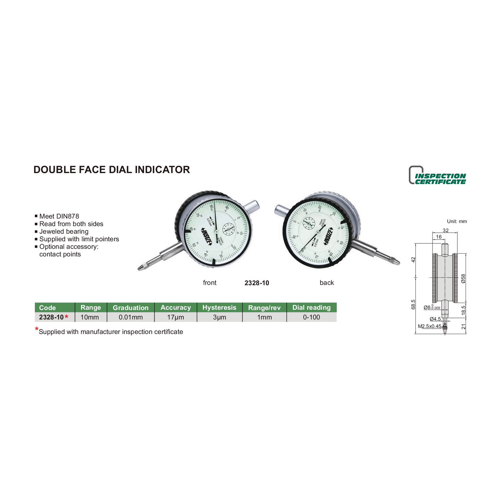 Insize Double Face Dial Test Indicator 10mm x 0.1mm Range Series 2328-10 - Twin Eagle Imports