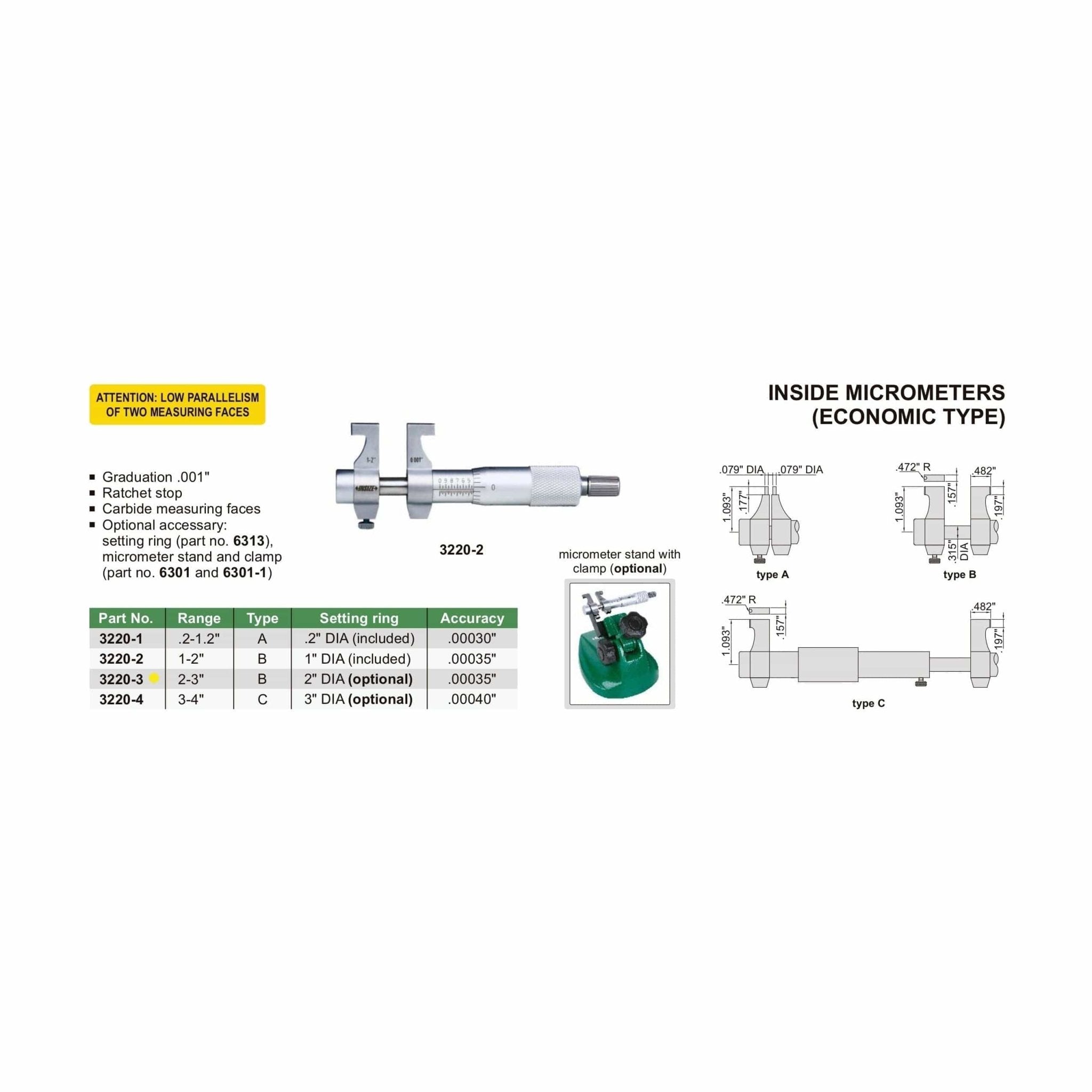 Insize Imperial Inside Micrometer 2-3" Range Series 3220-3 - Twin Eagle Imports