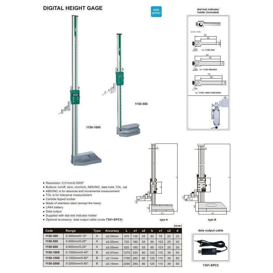 Insize Digital Height Gauge  0-500mm / 0-20" Range Series 1150-500