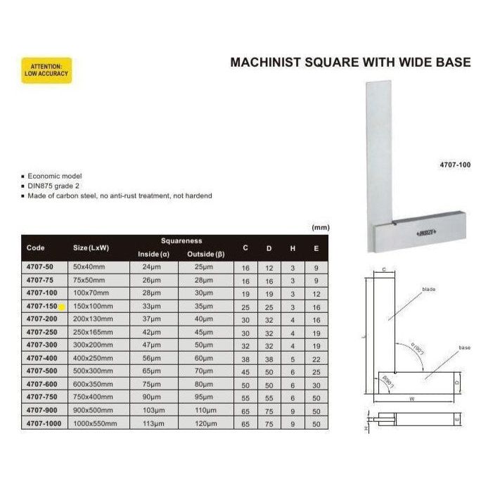 Insize Machinist Square 150x100mm Range Series 4707-150