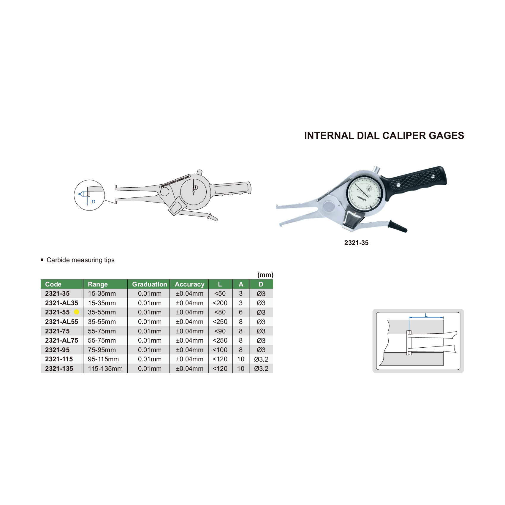 Insize Internal Dial Caliper Gauge 35-55mm Range Series 2321-55 - Twin Eagle Imports