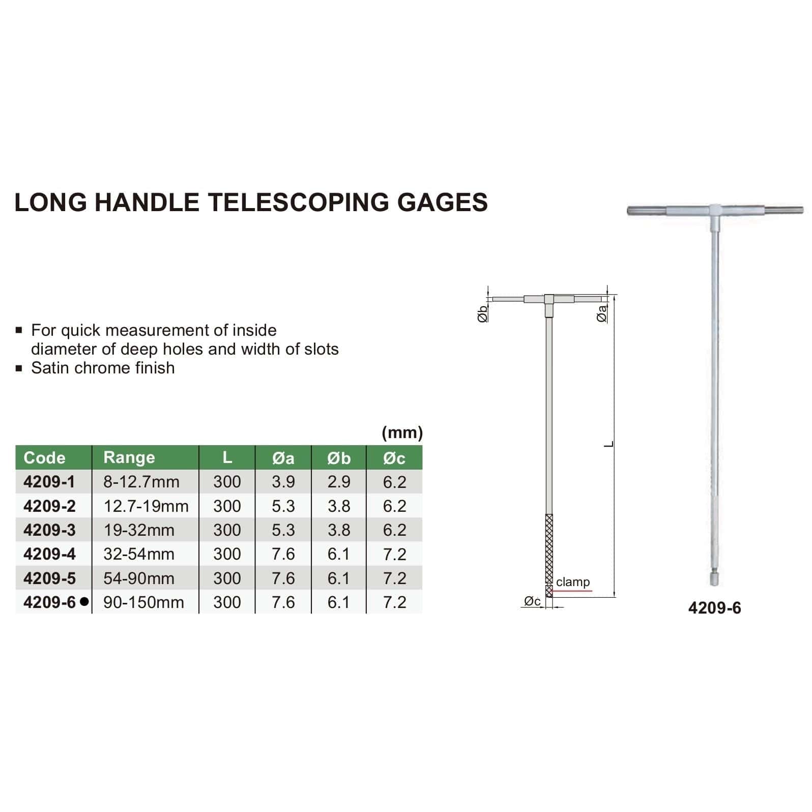 Insize Long Handle Telescopic Gauge 90-150mm Range Series 4209-6 - Twin Eagle Imports