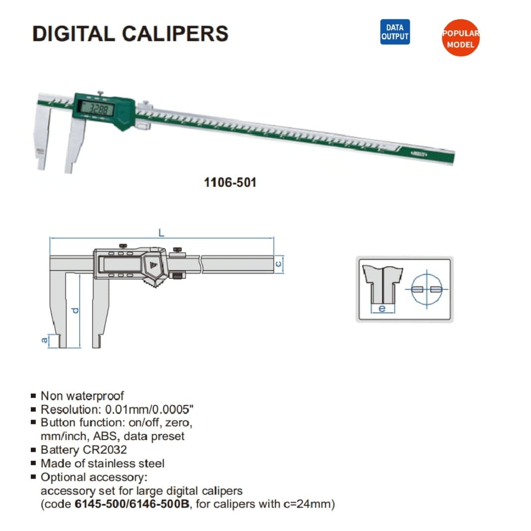 Insize Long Jaw Digital Caliper 0-1500mm / 0-60" Range Series 1106-1502 - Twin Eagle Imports