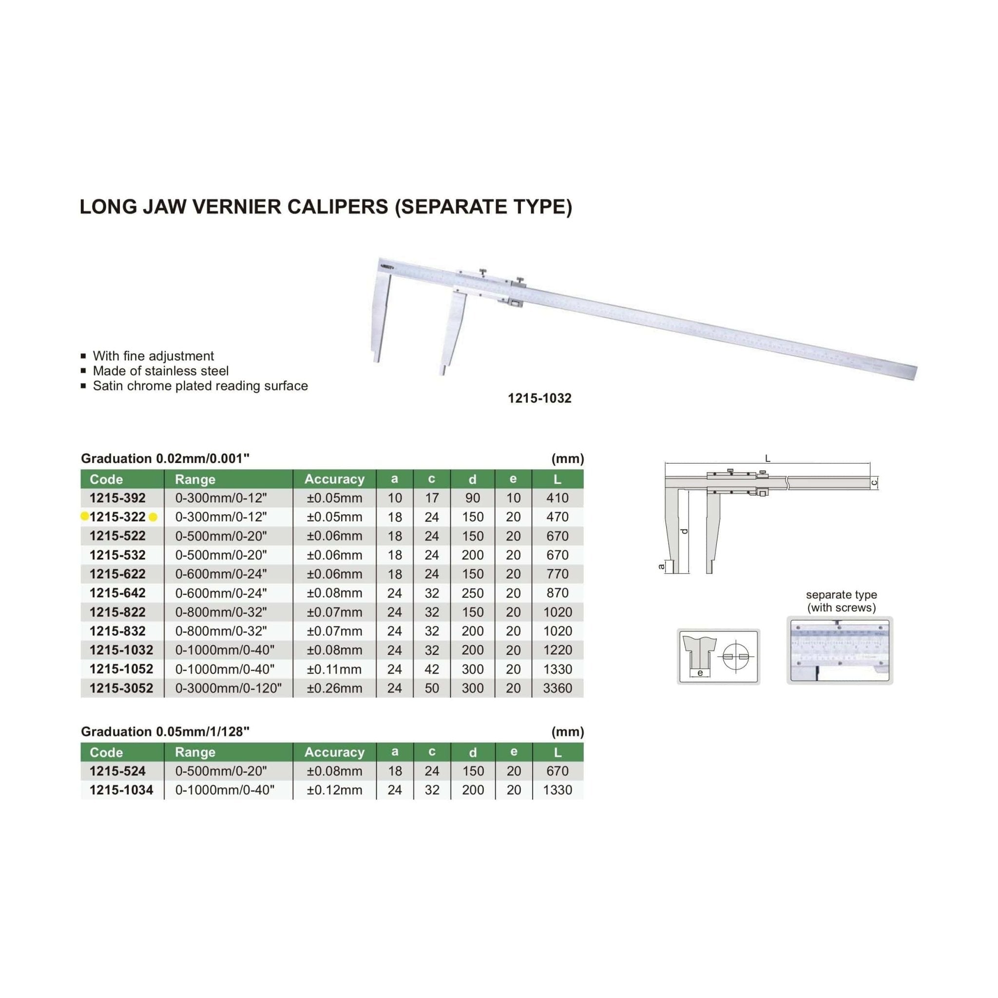 Insize Long Jaw Vernier Caliper 0-300mm/0-12" Range Series 1215-322 - Twin Eagle Imports