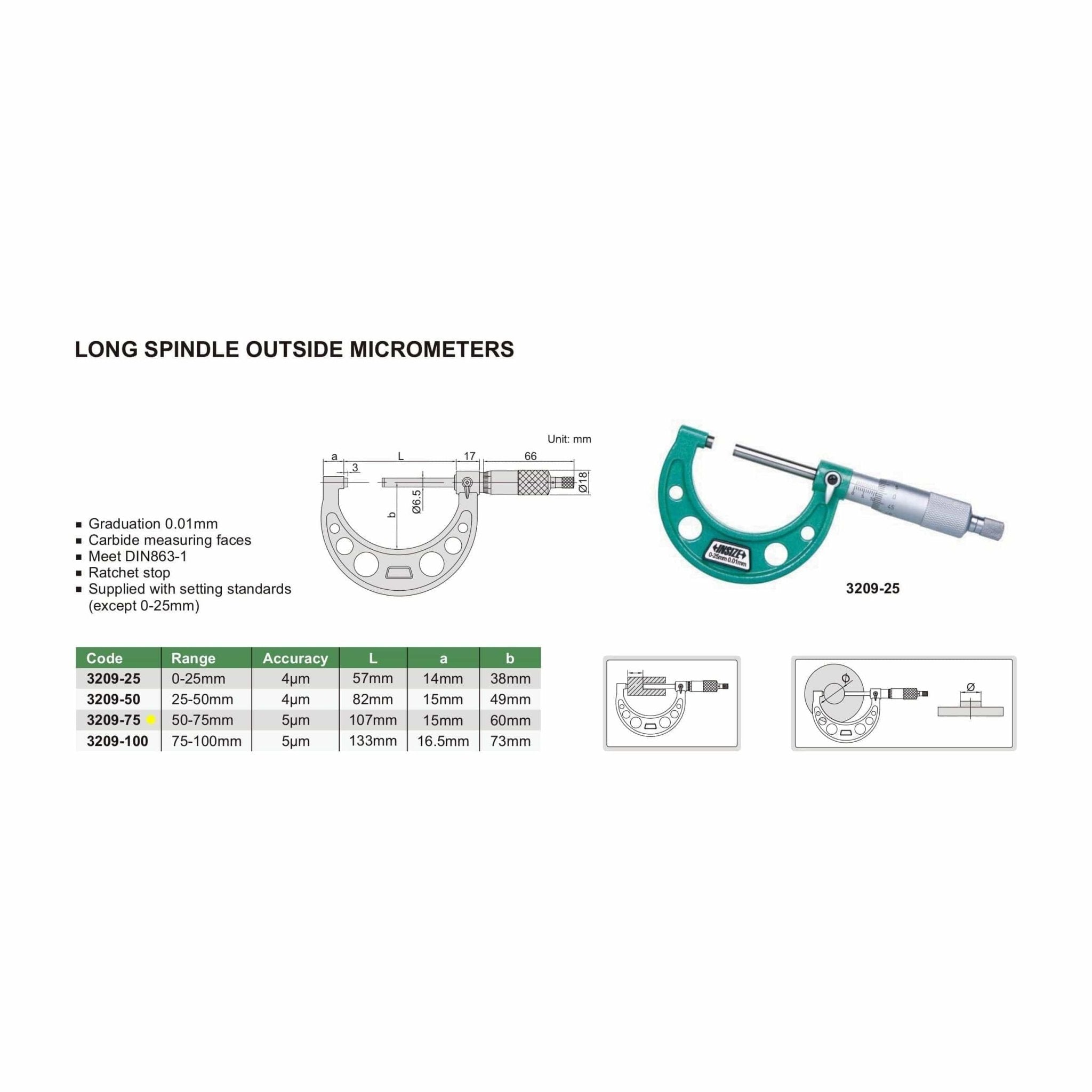 Insize Long Spindle Outside Micrometer 50-75mm Range Series 3209-75 - Twin Eagle Imports