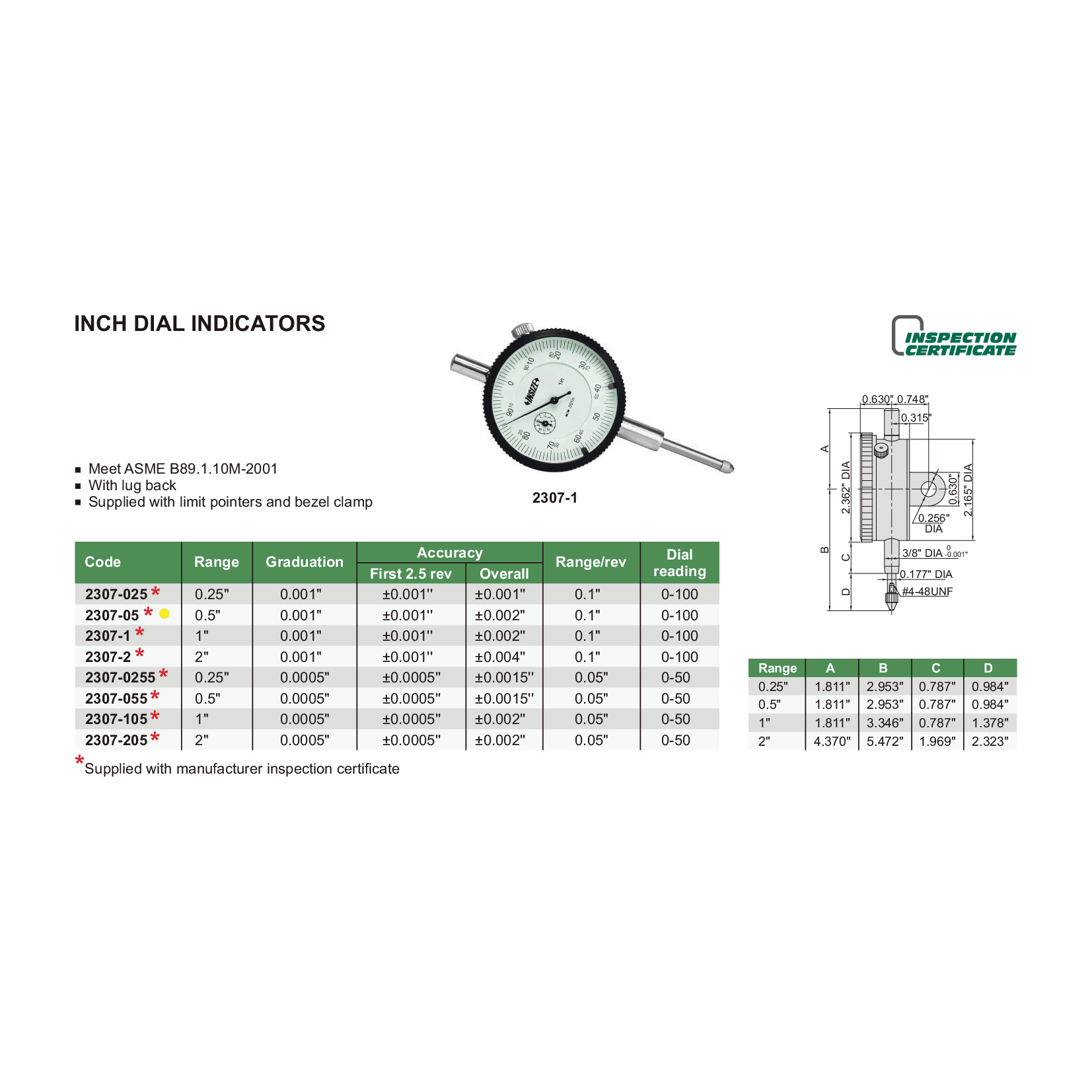 Insize Lug Back Dial Indicator 0.5" Range Series 2307-05 - Twin Eagle Imports