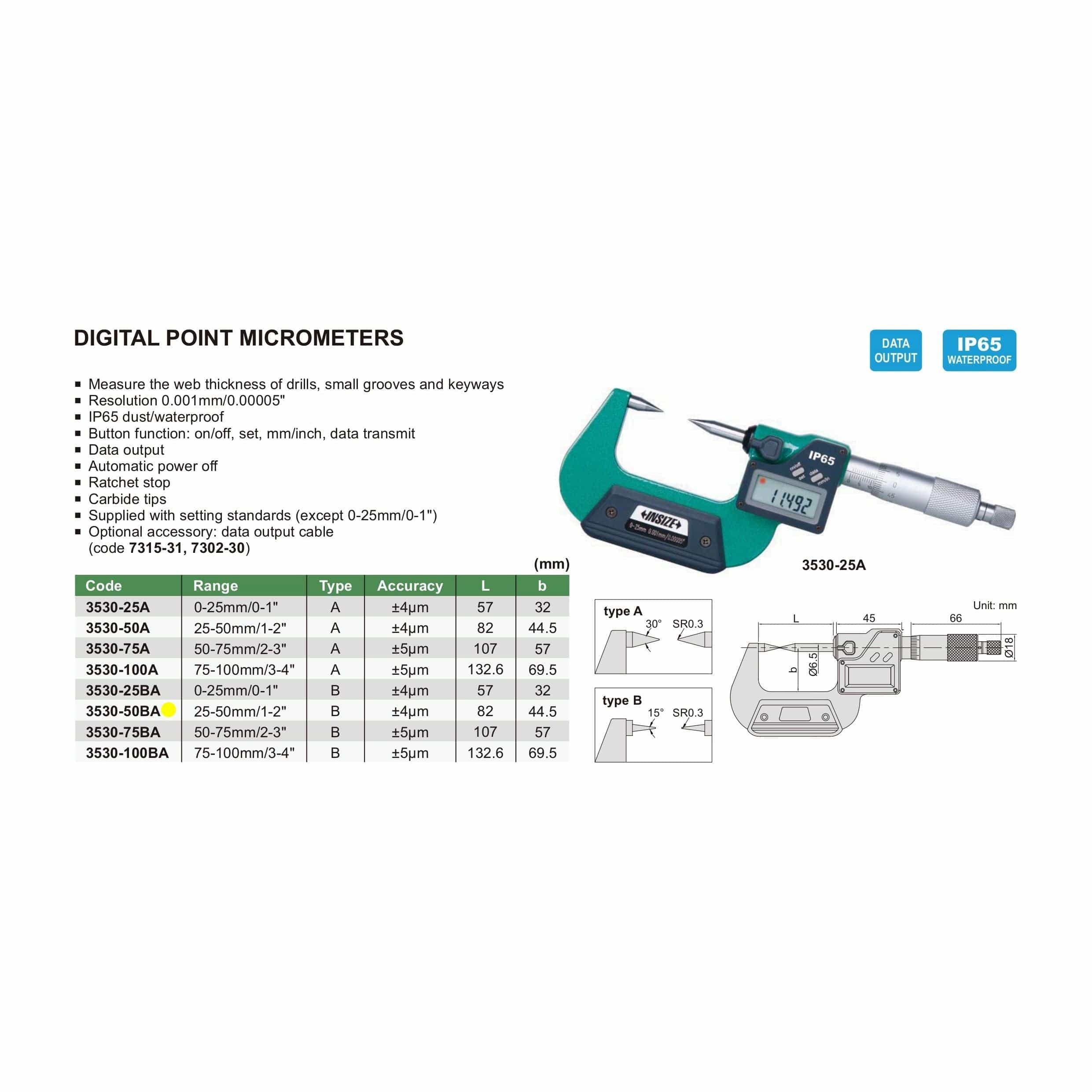 INSIZE Manufacturing Insize Digital Point Micrometer 25-50mm/1-2" Range Series 3530-50BA
