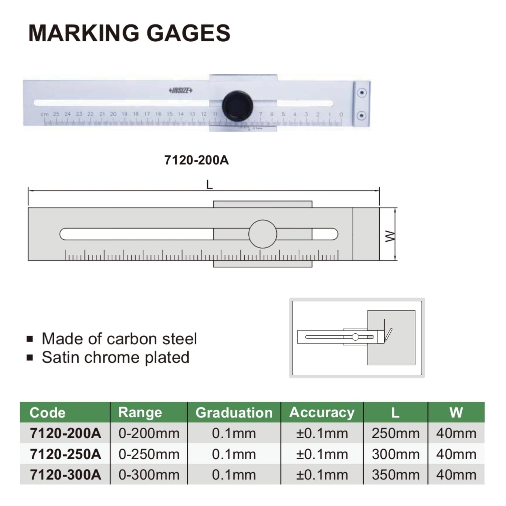 Insize Marking Gauge 0-250mm Range Series 7120-250A - Twin Eagle Imports