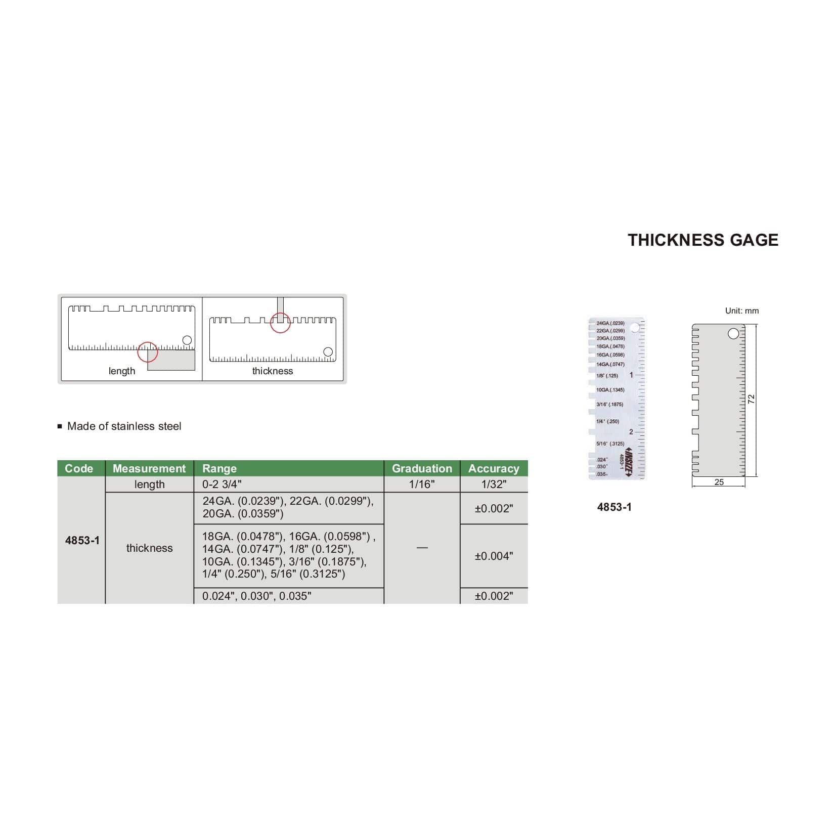 INSIZE MEASURING EQUIPMENT Insize 4853-1 Sheet Metal Thickness Gauge