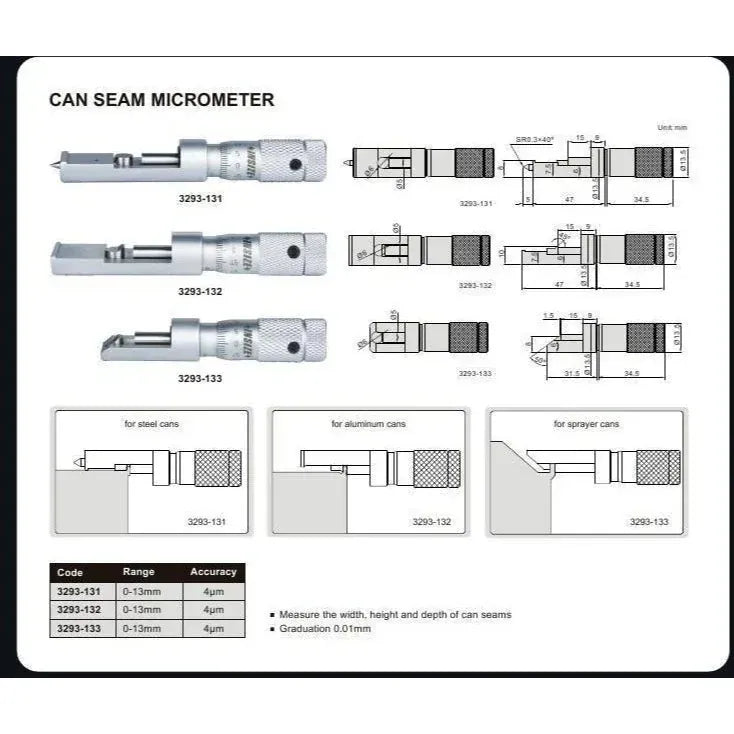 INSIZE MEASURING EQUIPMENT Insize Aluminium Can Seam Micrometer 0-0.6" Range Series 3293-062