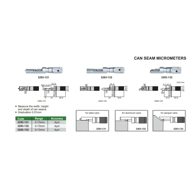 INSIZE MEASURING EQUIPMENT Insize Aluminium Can Seam Micrometer 0-13mm Range Series 3293-132