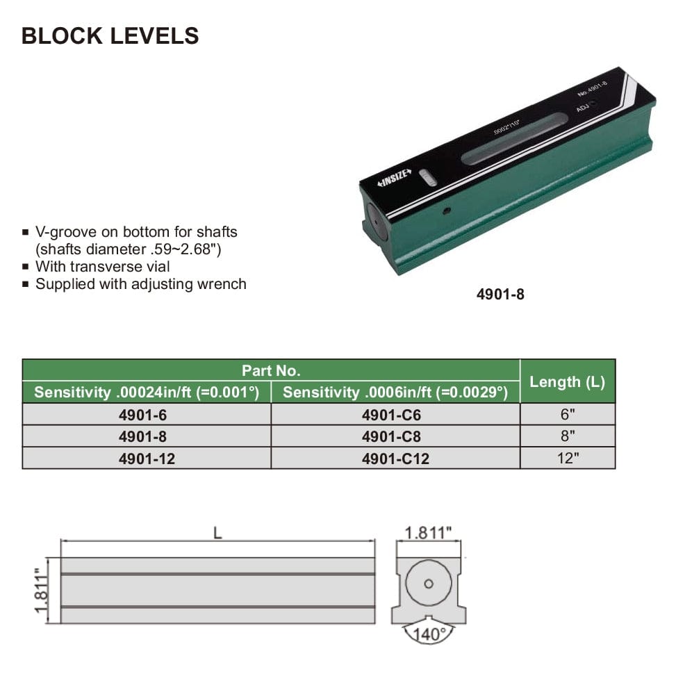 INSIZE MEASURING EQUIPMENT Insize Block Level 8" Series 4901-8