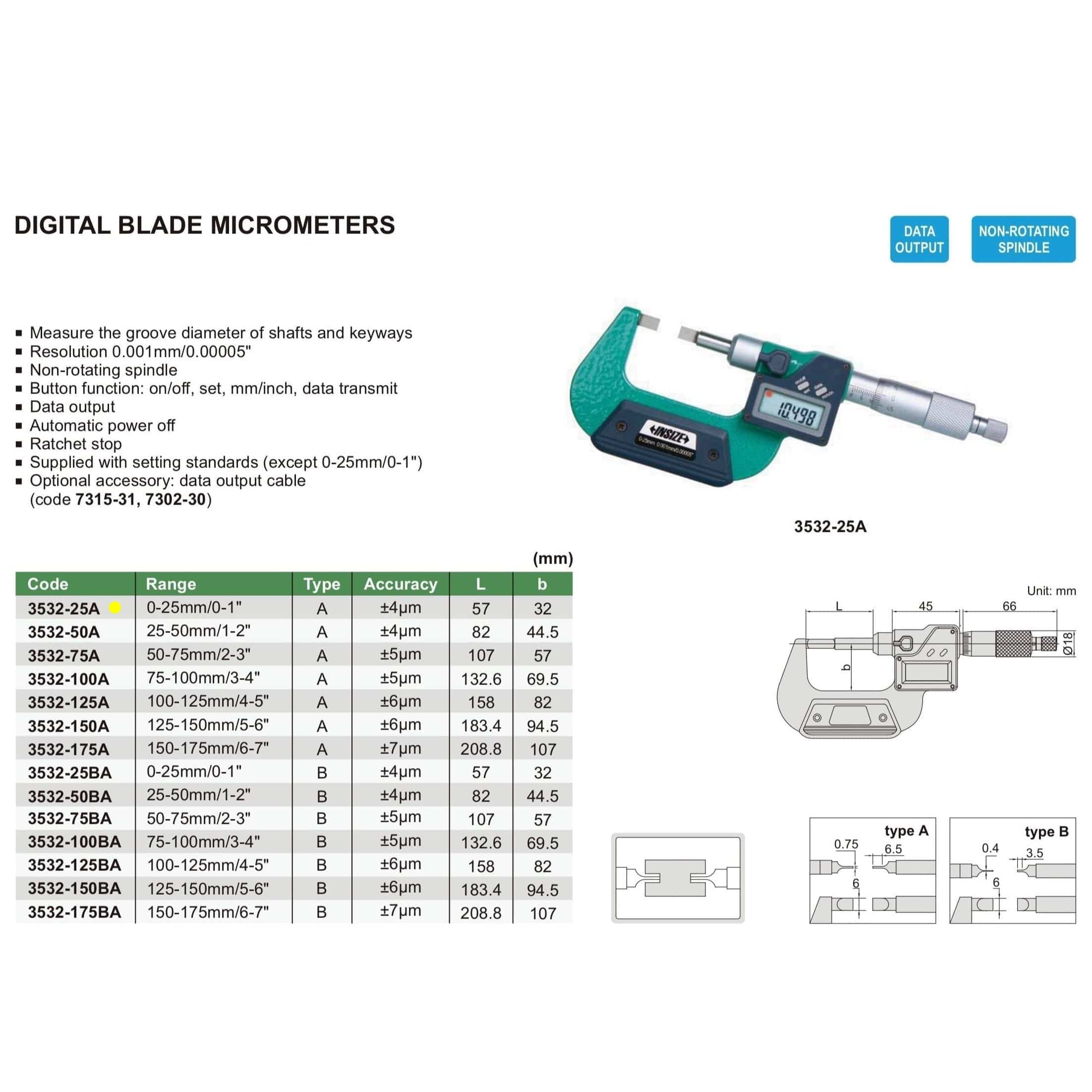 INSIZE Measuring Equipment Insize Digital Blade Micrometer 0-25mm/0-1" Range Series 3532-25A