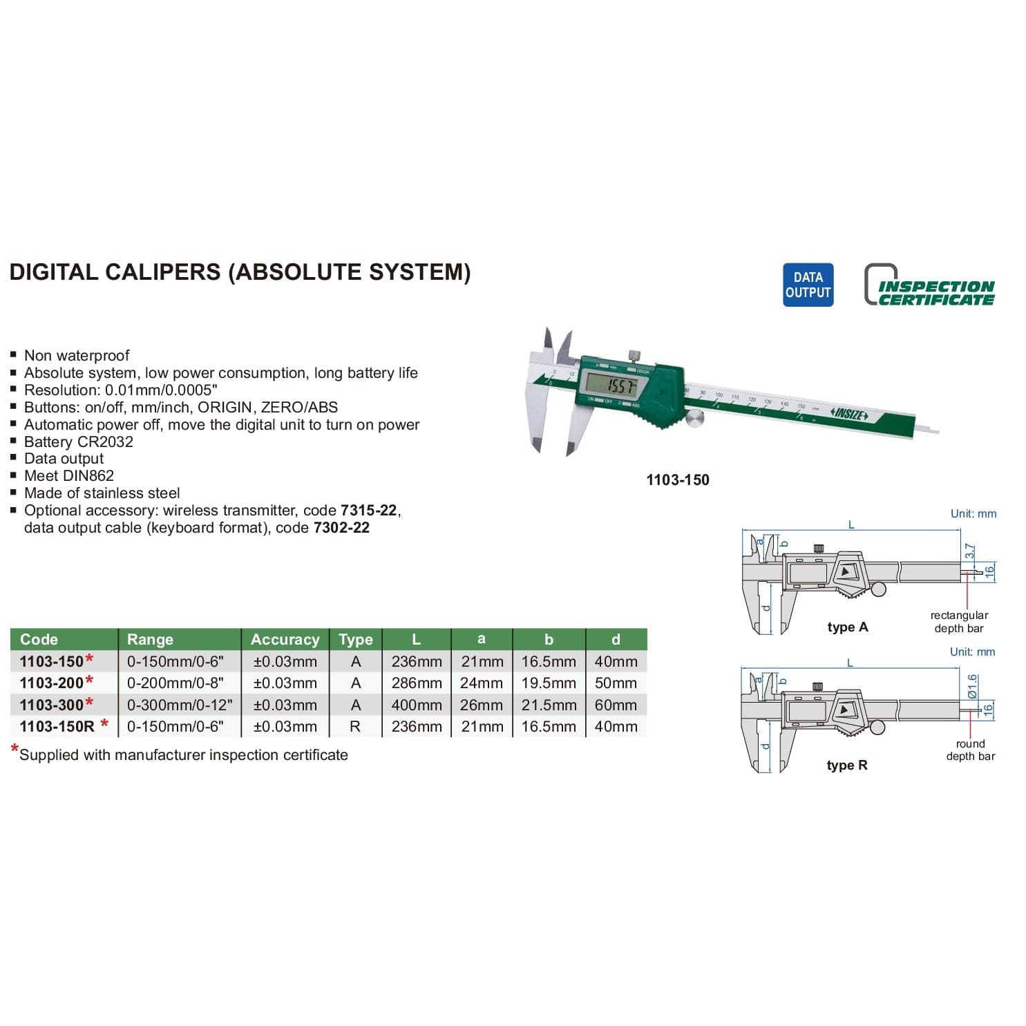 INSIZE Measuring Equipment Insize Digital Caliper 0-150mm / 0-6" Range Series 1103-150
