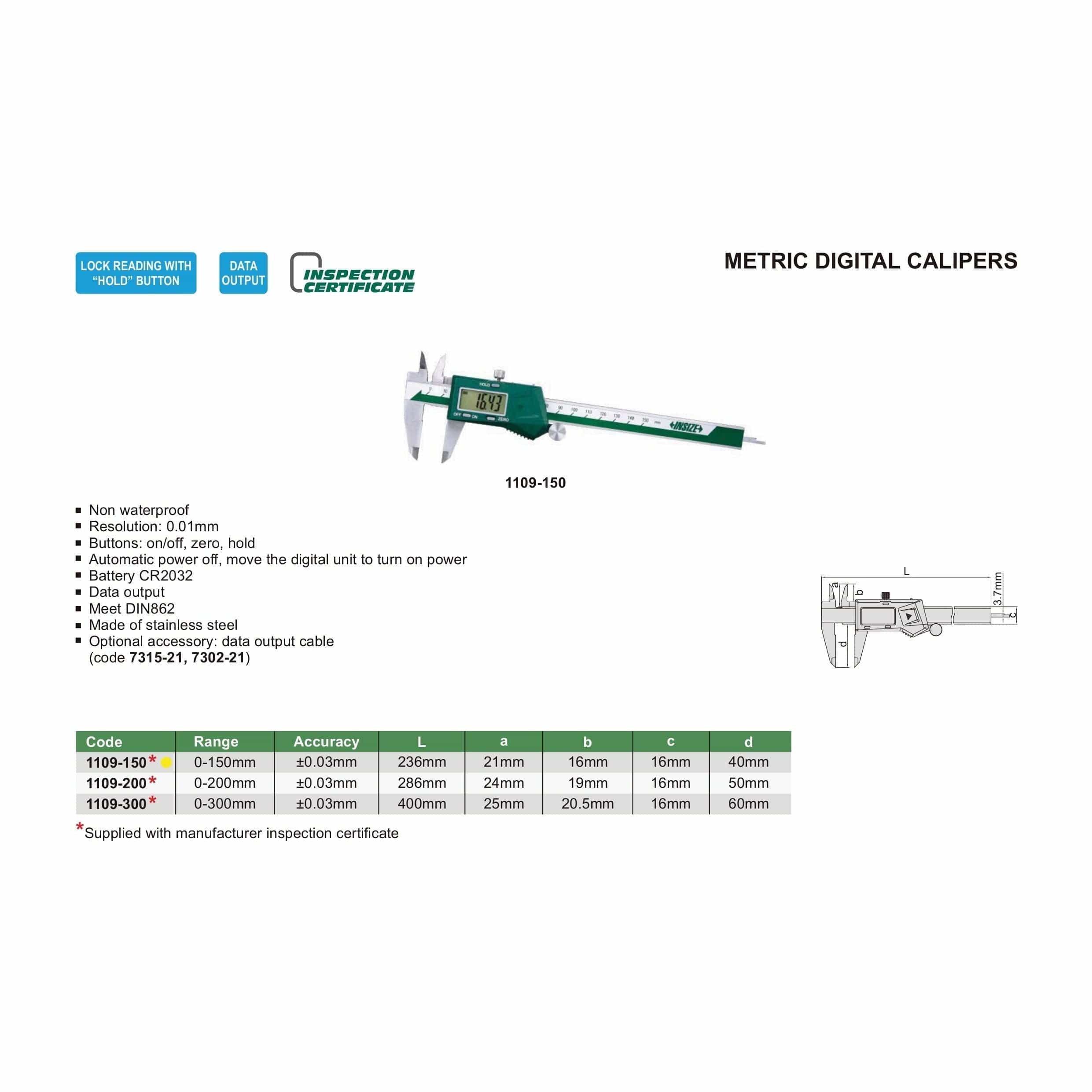 INSIZE Measuring Equipment Insize Digital Caliper 0-150mm Range Series 1109-150