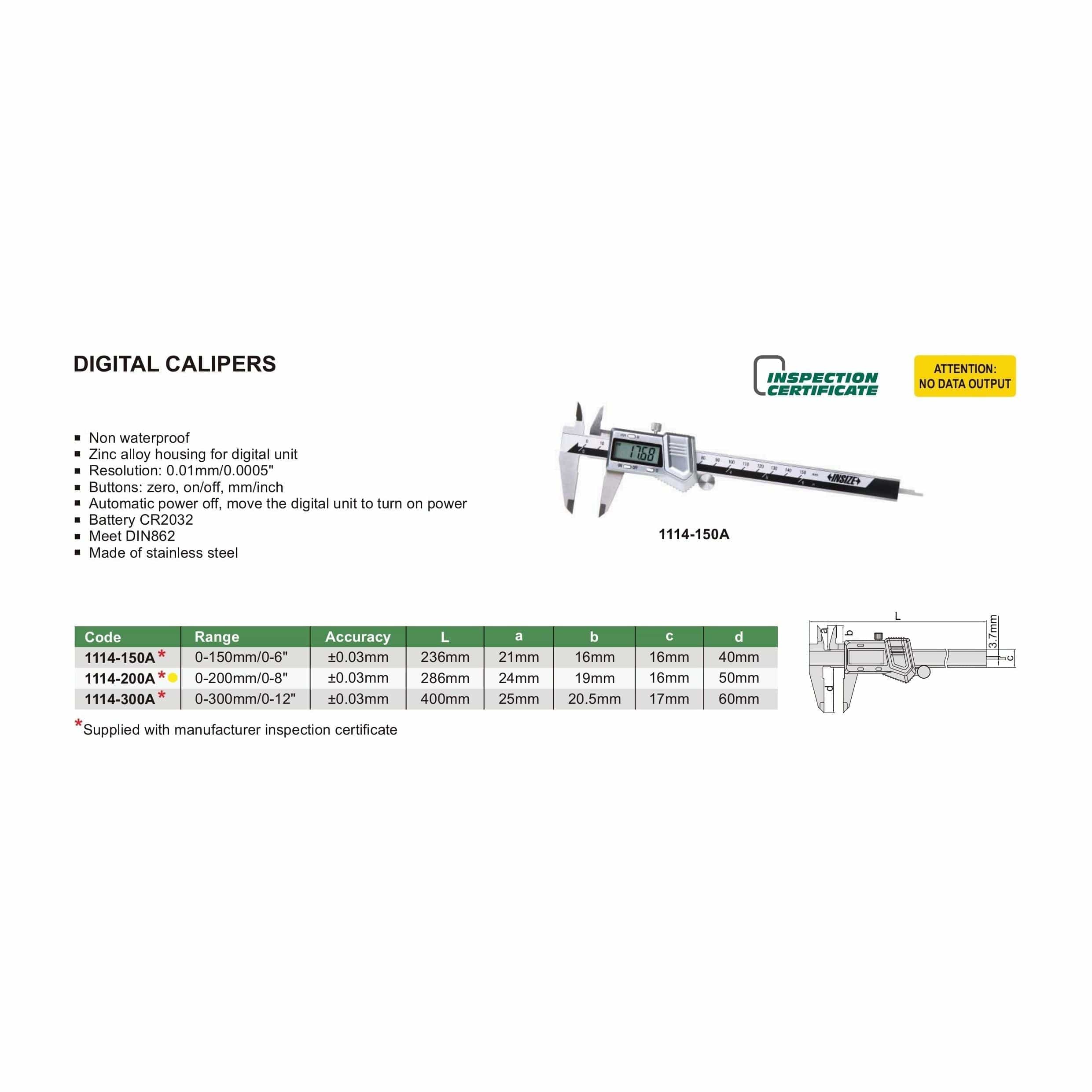 INSIZE Measuring Equipment Insize Digital Caliper 0-200mm/0-8" Range Series 1114-200A