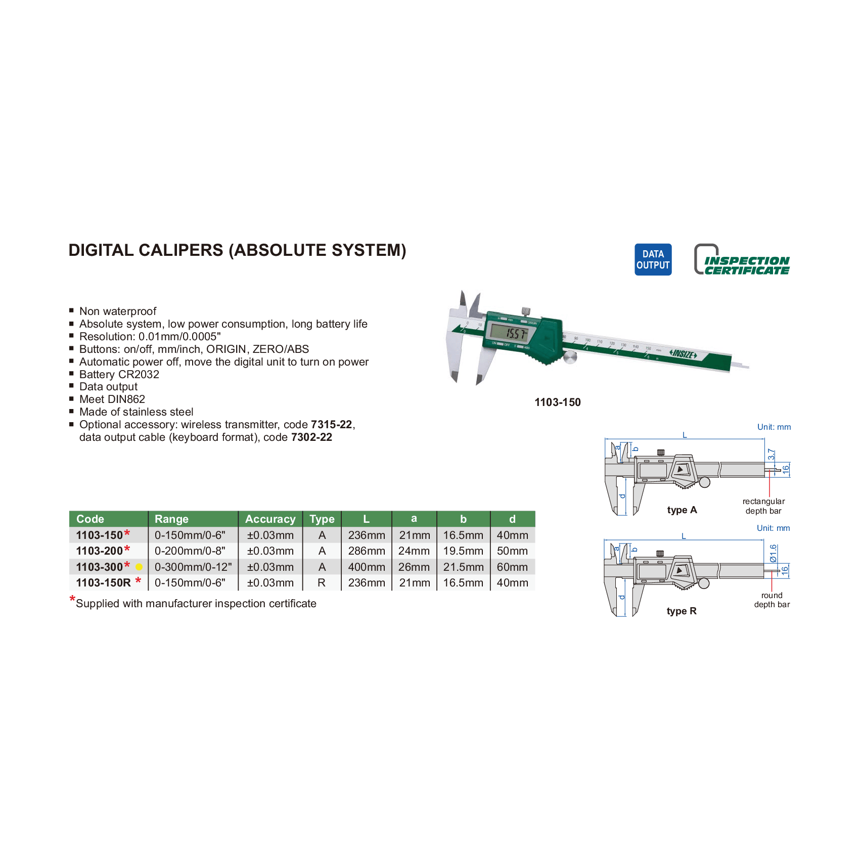 INSIZE Measuring Equipment Insize Digital Caliper 0-300mm / 0-12" Range Series 1103-300