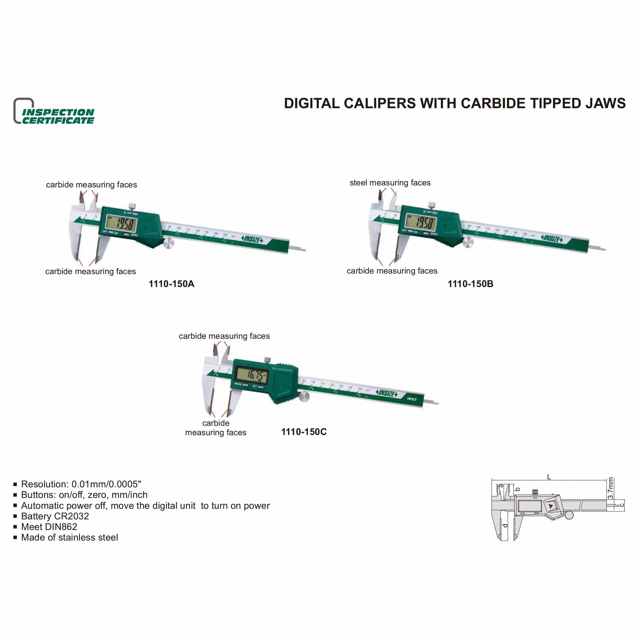 INSIZE Measuring Equipment Insize Digital Caliper TCT 0-150mm/0-6" Range Series 1110-150A