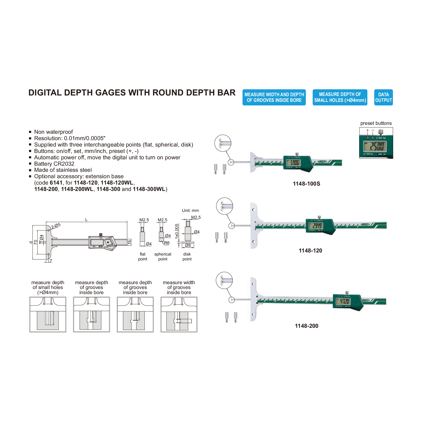 INSIZE Measuring Equipment Insize Digital Depth Gauge 0-100mm / 0-4" Range Series 1148-100