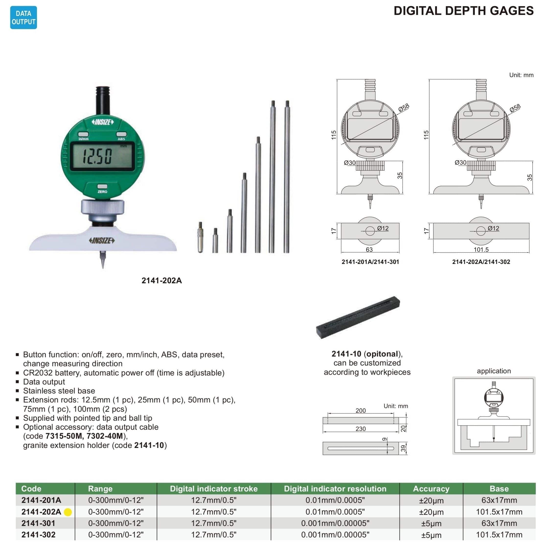 INSIZE Measuring Equipment Insize Digital Depth Gauge 0-300mm/0-12" Range Series 2141-202A