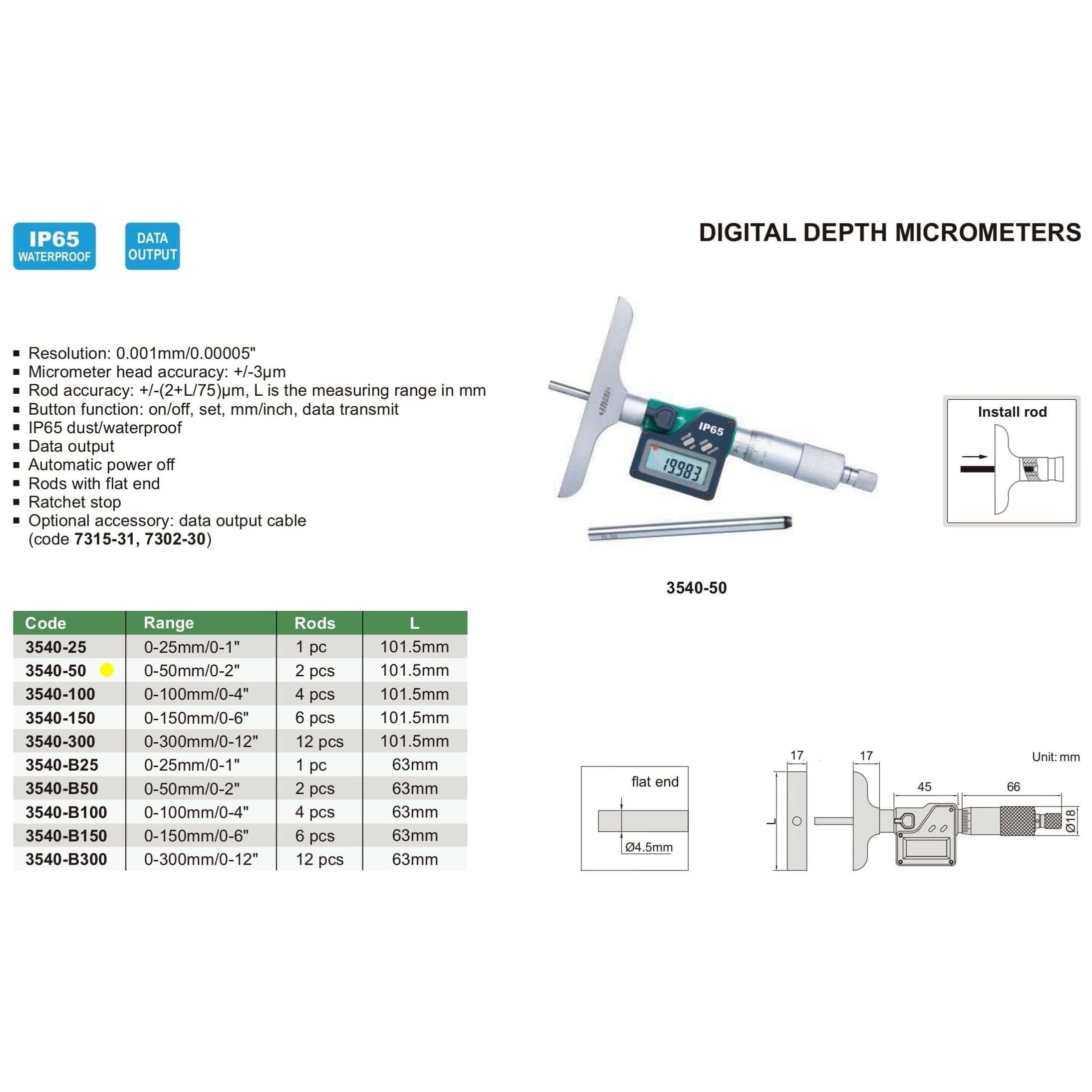 INSIZE Measuring Equipment Insize Digital Depth Micrometer 0-50mm/0-2" Range Series 3540-50