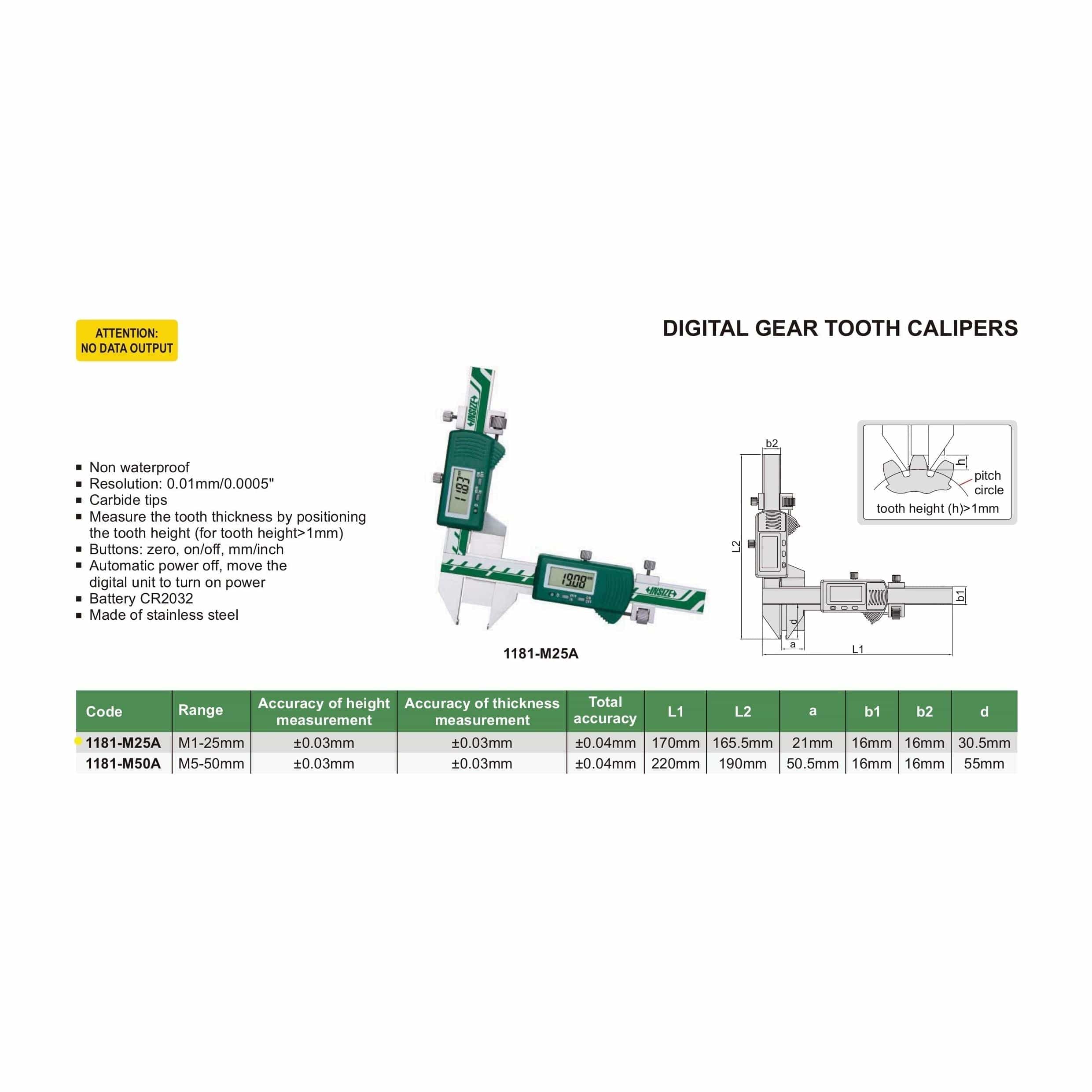 INSIZE Measuring Equipment Insize Digital Gear Tooth Caliper 1-25mm Range Series 1181-M25A