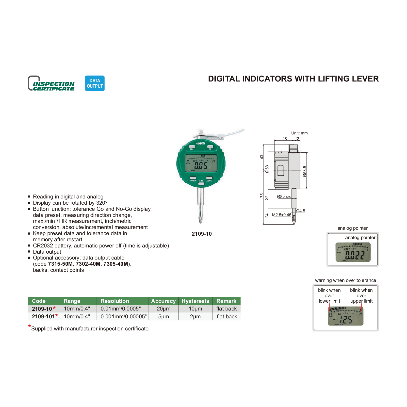 INSIZE Measuring Equipment Insize Digital Indicator 10mm/0.4" Range Series 2109-10