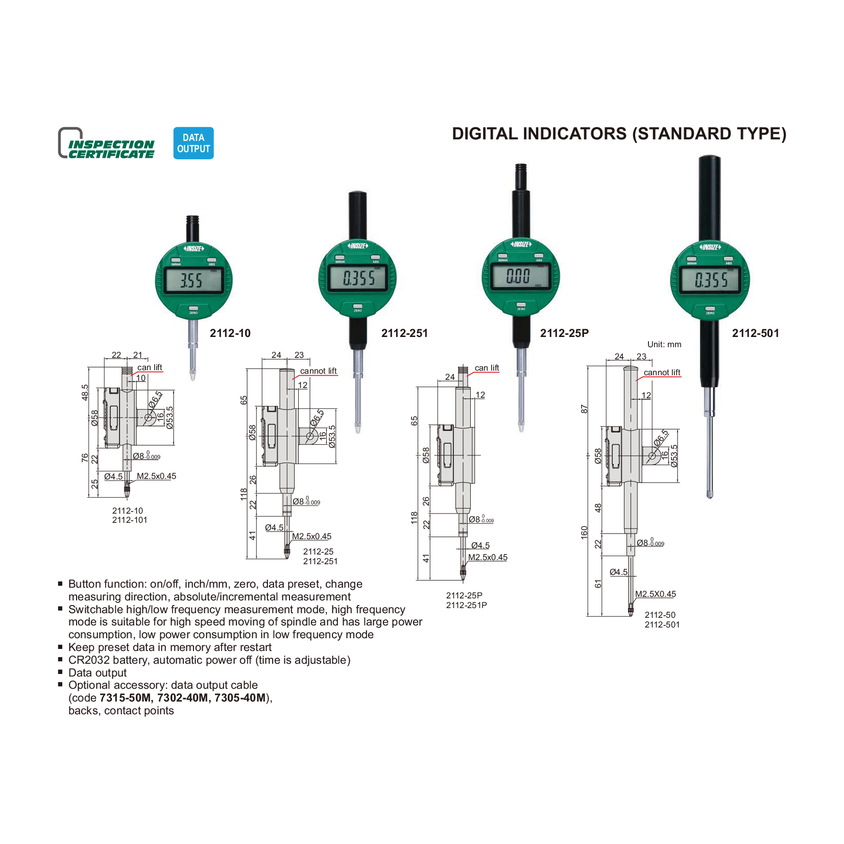 INSIZE Measuring Equipment Insize Digital Indicator 50.8mm/2" Range Series 2112-501