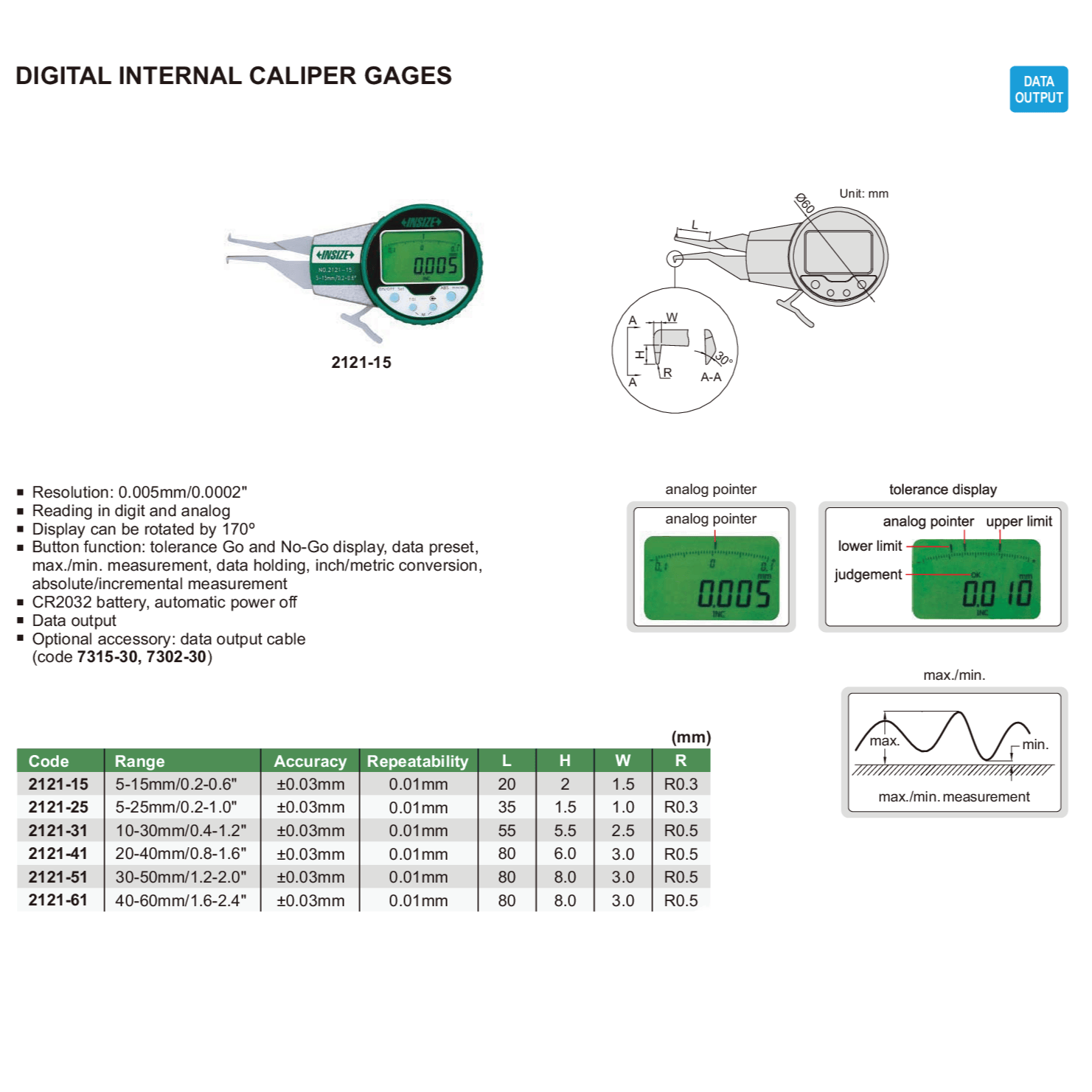 INSIZE MEASURING EQUIPMENT Insize Digital Internal Caliper Gauge 5–15 mm Range Series 2121-15