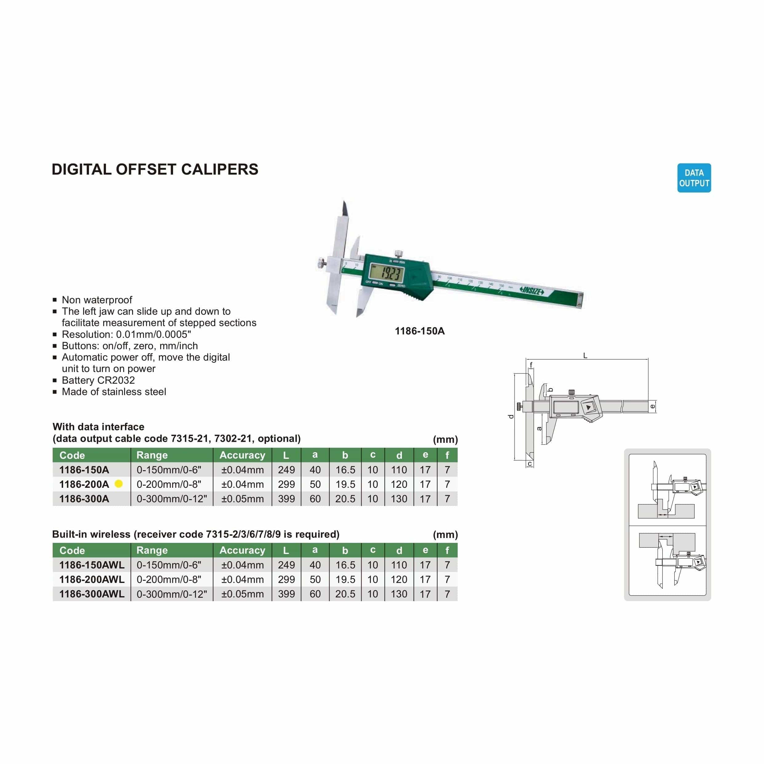 INSIZE Measuring Equipment Insize Digital Offset Caliper 0-200mm/0-8" Range Series 1186-200A