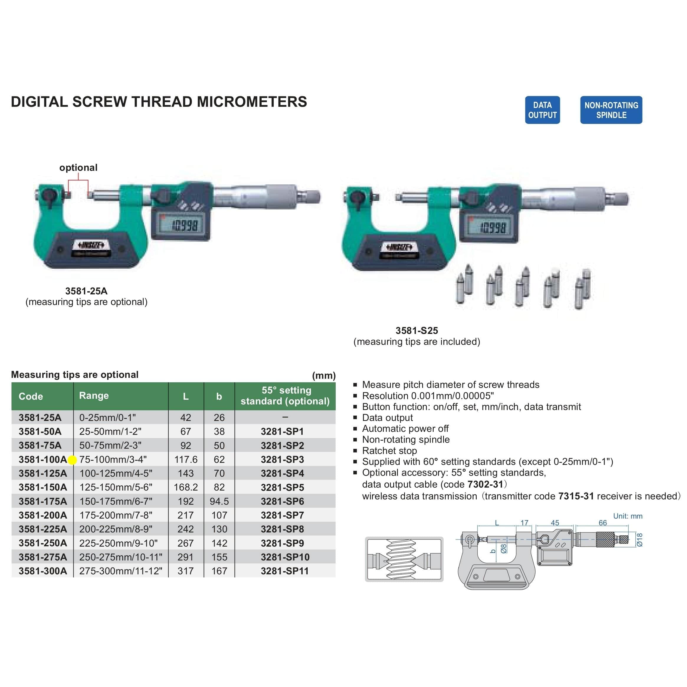 INSIZE Measuring Equipment Insize Digital Screw Thread Micrometer 75-100mm Range Series 3581-100A