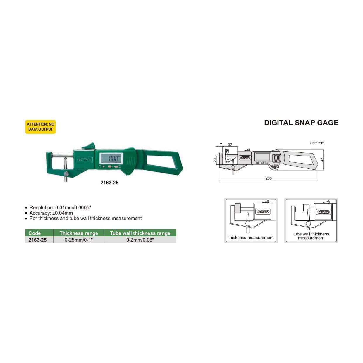 INSIZE Measuring Equipment Insize Digital Snap Gauge 0-25mm/0-1" Range Series 2163-25