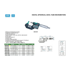INSIZE Measuring Equipment Insize Digital Spherical Anvil Tube Micrometer 0-25mm/0-1" Range Series 3560-25E