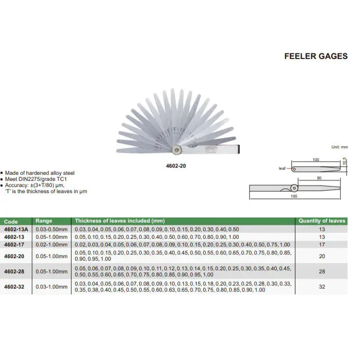 INSIZE MEASURING EQUIPMENT Insize Feeler Gauge 13pc Set 0.03-0.50mm Range Series 4602-13A
