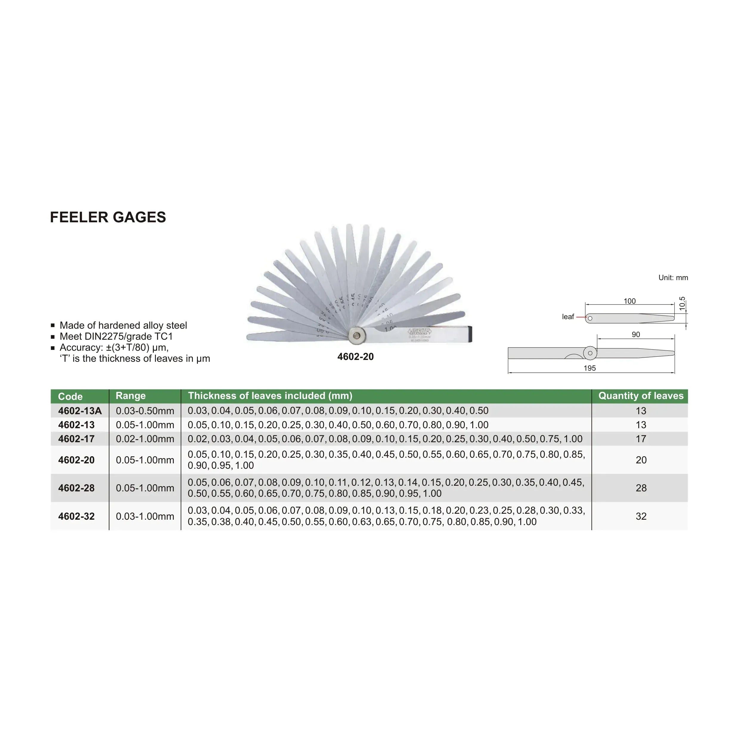 INSIZE MEASURING EQUIPMENT Insize Feeler Gauge 20pc Set 0.05-1mm Range Series 4602-20