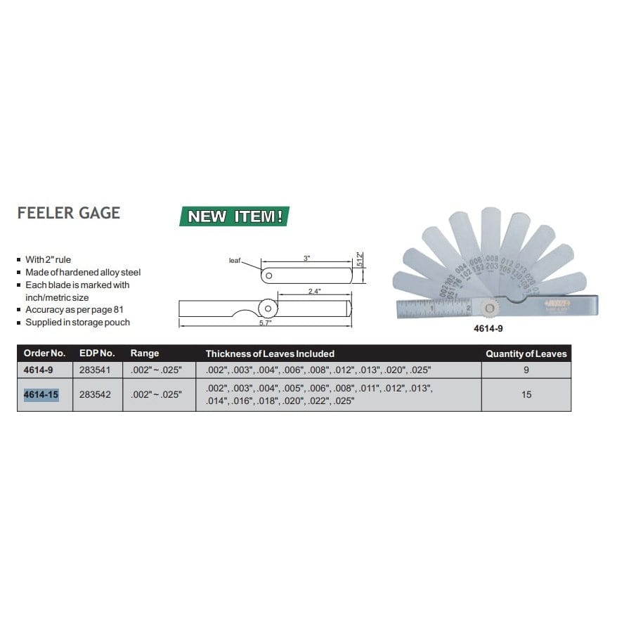 INSIZE MEASURING EQUIPMENT Insize Feeler Gauge Set 0.002"–0.025" Range Series 4614-15