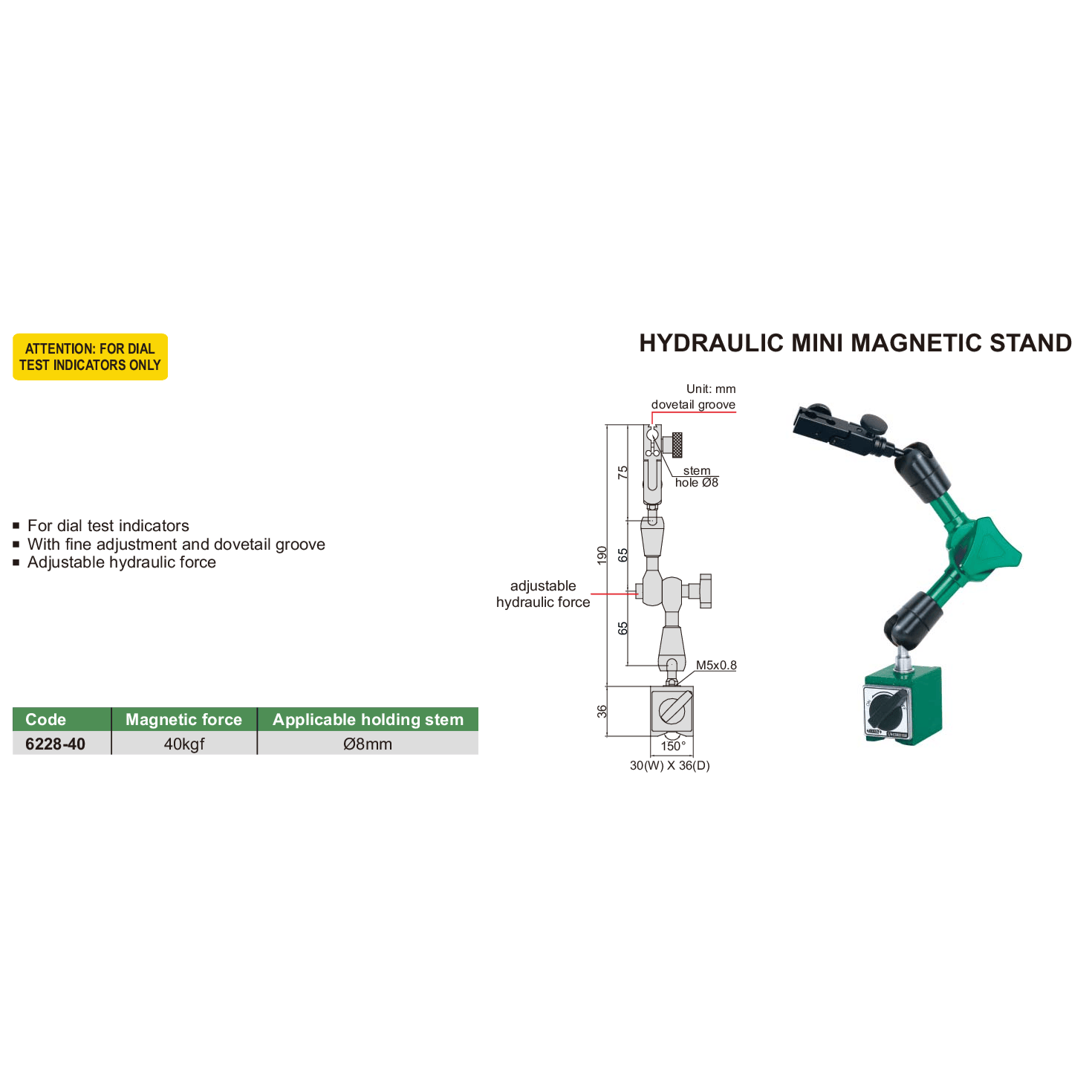 INSIZE MEASURING EQUIPMENT Insize Hydraulic Mini Magnetic Stand 40kgf  Series 6228-40