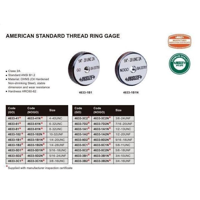 INSIZE MEASURING EQUIPMENT Insize Imperial Thread Ring Gauge GO 1/4-20 UNC Class 2A Series 4633-1B2