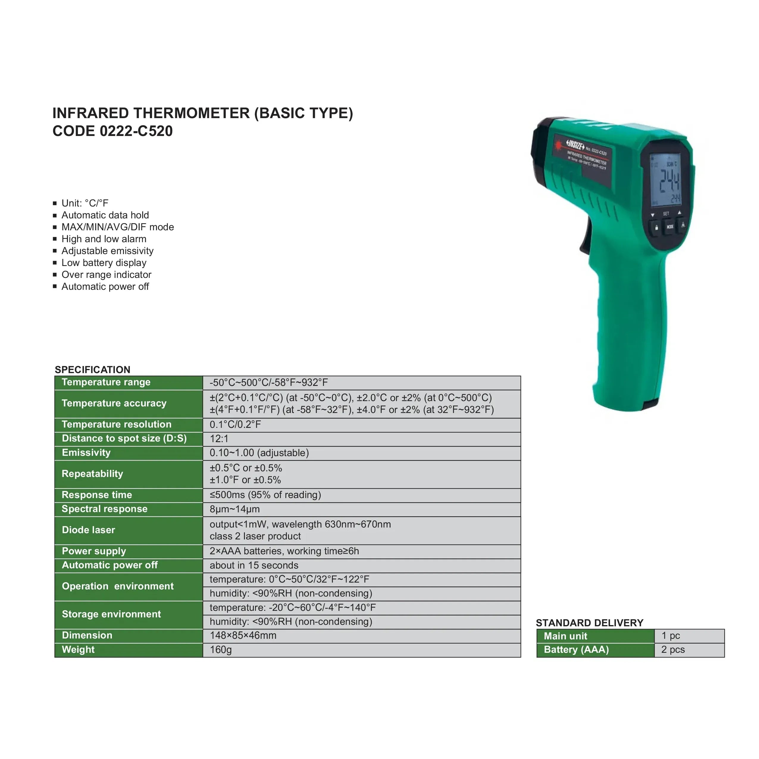 INSIZE Measuring Equipment Insize Infrared Thermometer –50 to 500 °C Series 0222-C520