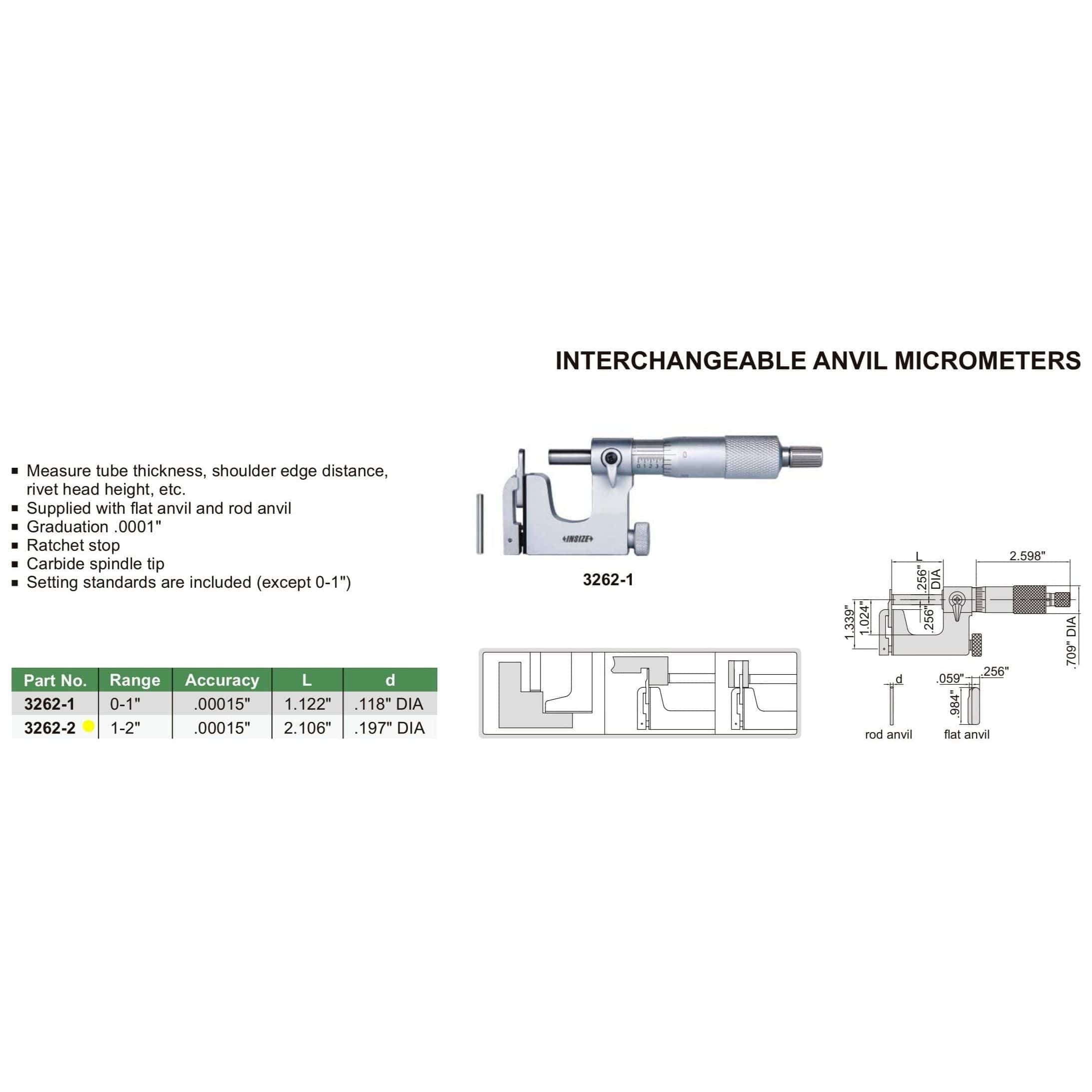 INSIZE Measuring Equipment Insize Interchangeable Anvil Micrometer 1-2" Range Series 3262-2