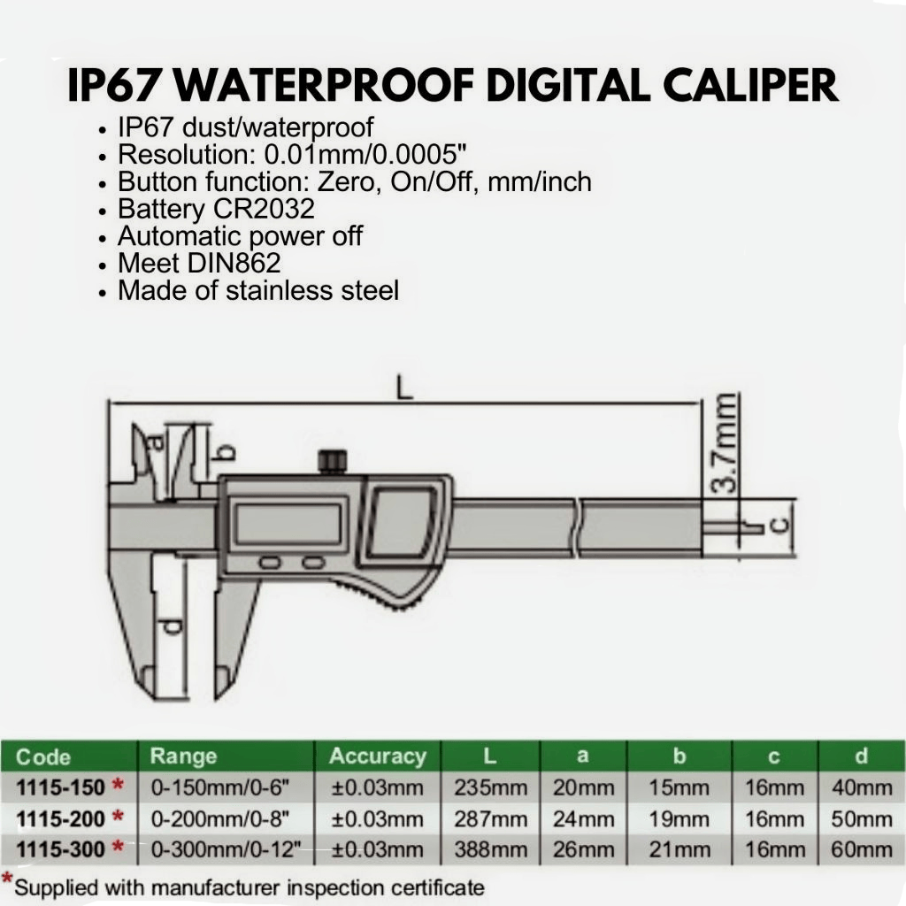 INSIZE Measuring Equipment Insize IP67 Waterproof Digital Caliper 0–200 mm / 0–8″ Series 1115-200