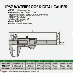 INSIZE Measuring Equipment Insize IP67 Waterproof Digital Caliper 0–300 mm / 0–12″ Series 1115-300