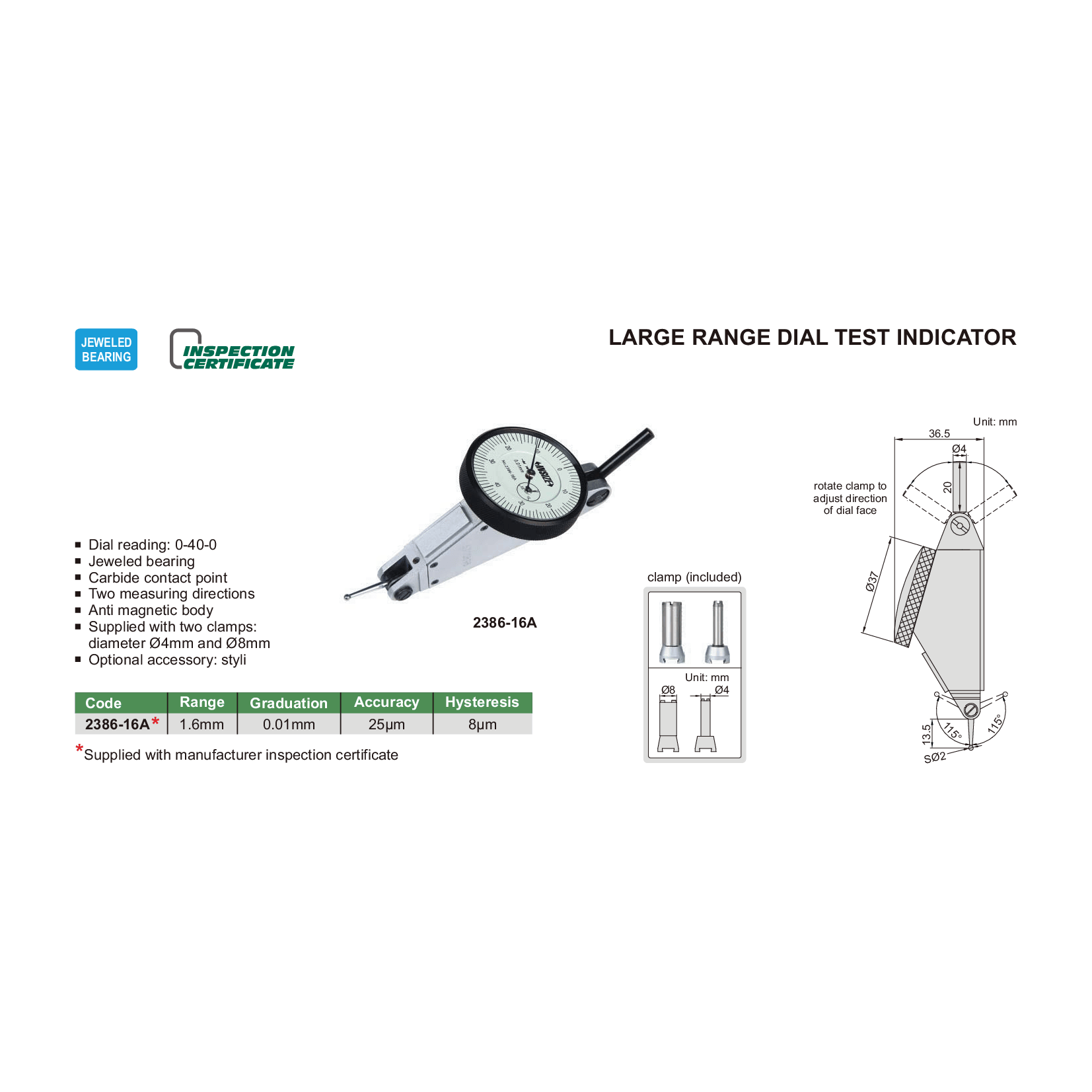 INSIZE MEASURING EQUIPMENT Insize Large Range Dial Test Indicator Range Series 2386-16A